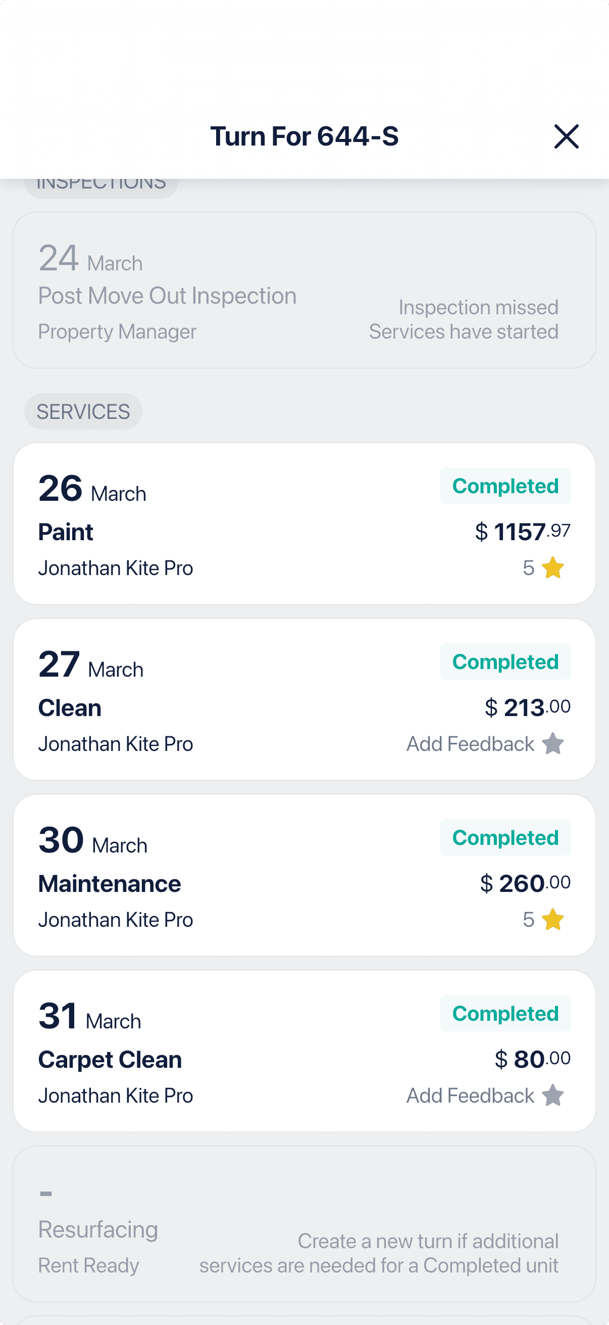 Completed turns on the Rent Ready mobile app