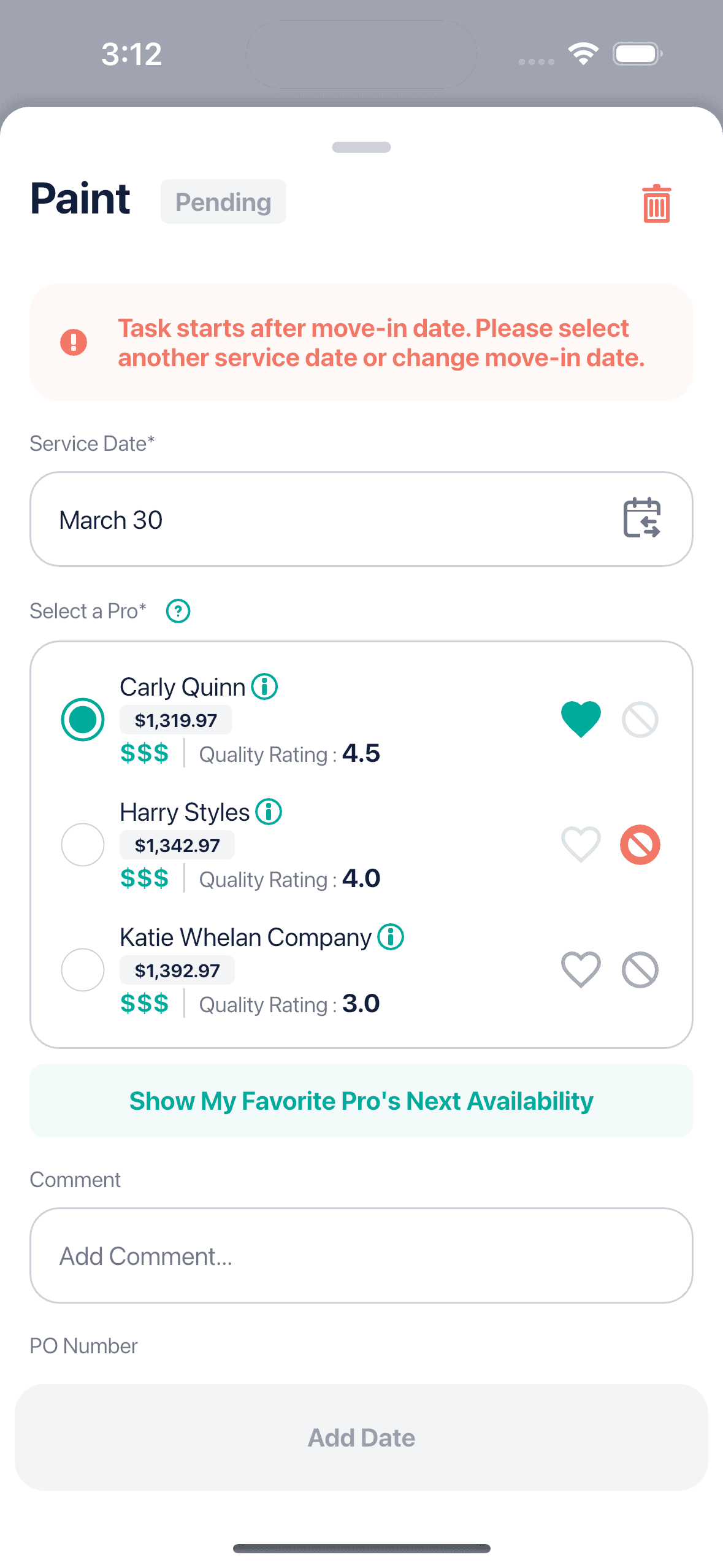 Rent Ready vendor marketplace on mobile showing vetted trade contractors and ratings