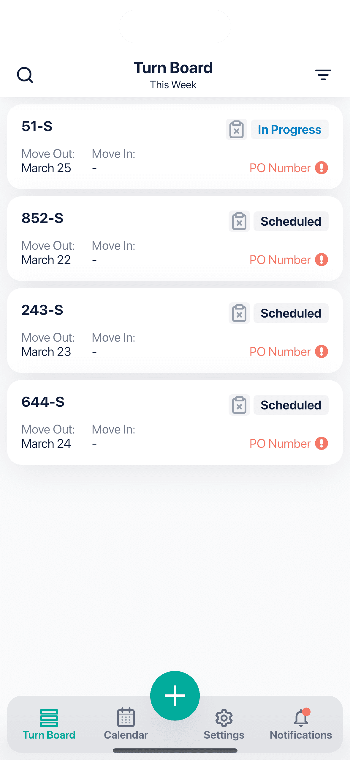Rent Ready mobile turn detail view with live status and vendor updates