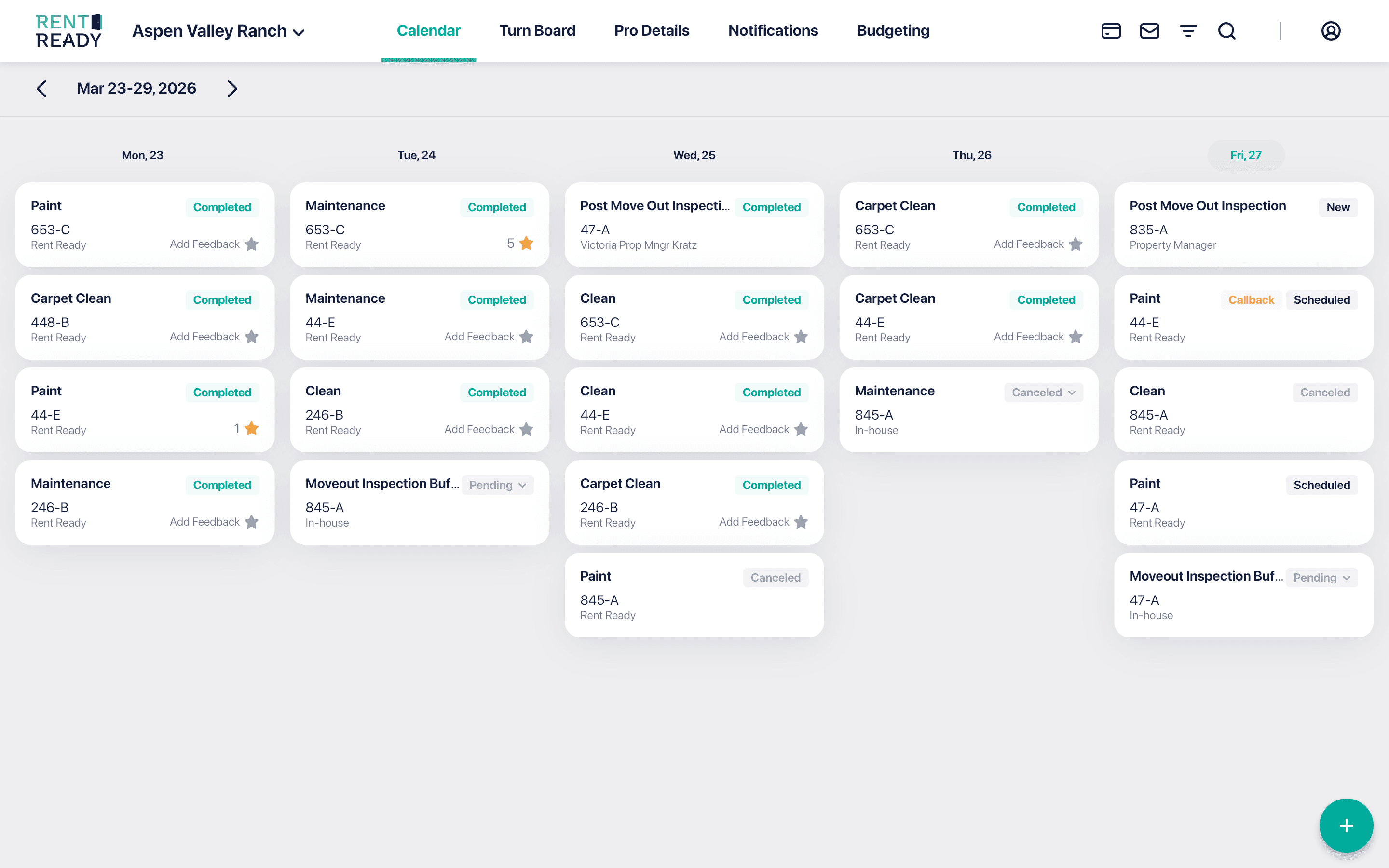 Rent Ready turn calendar showing every scheduled trade across a portfolio