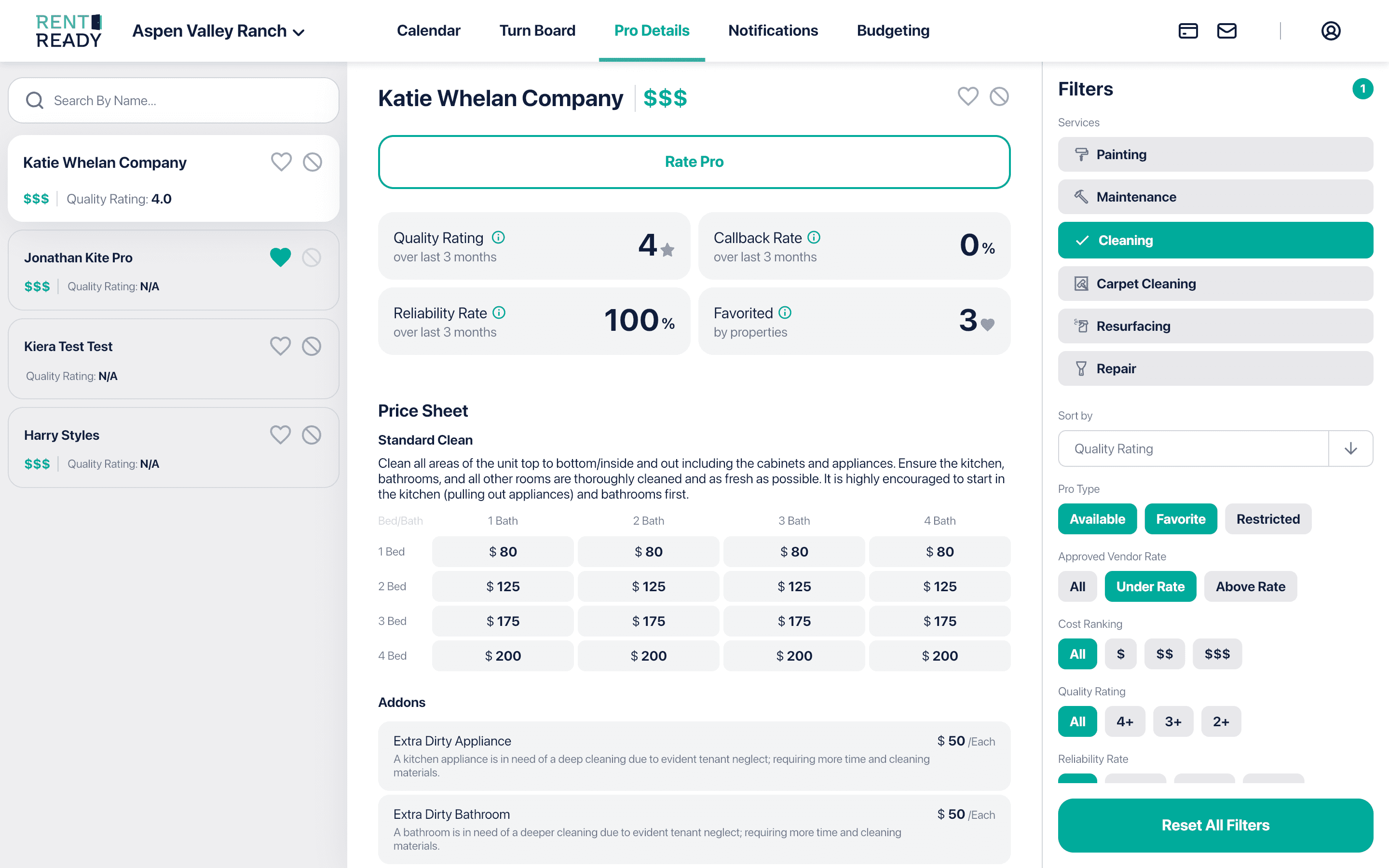 Rent Ready vendor performance details