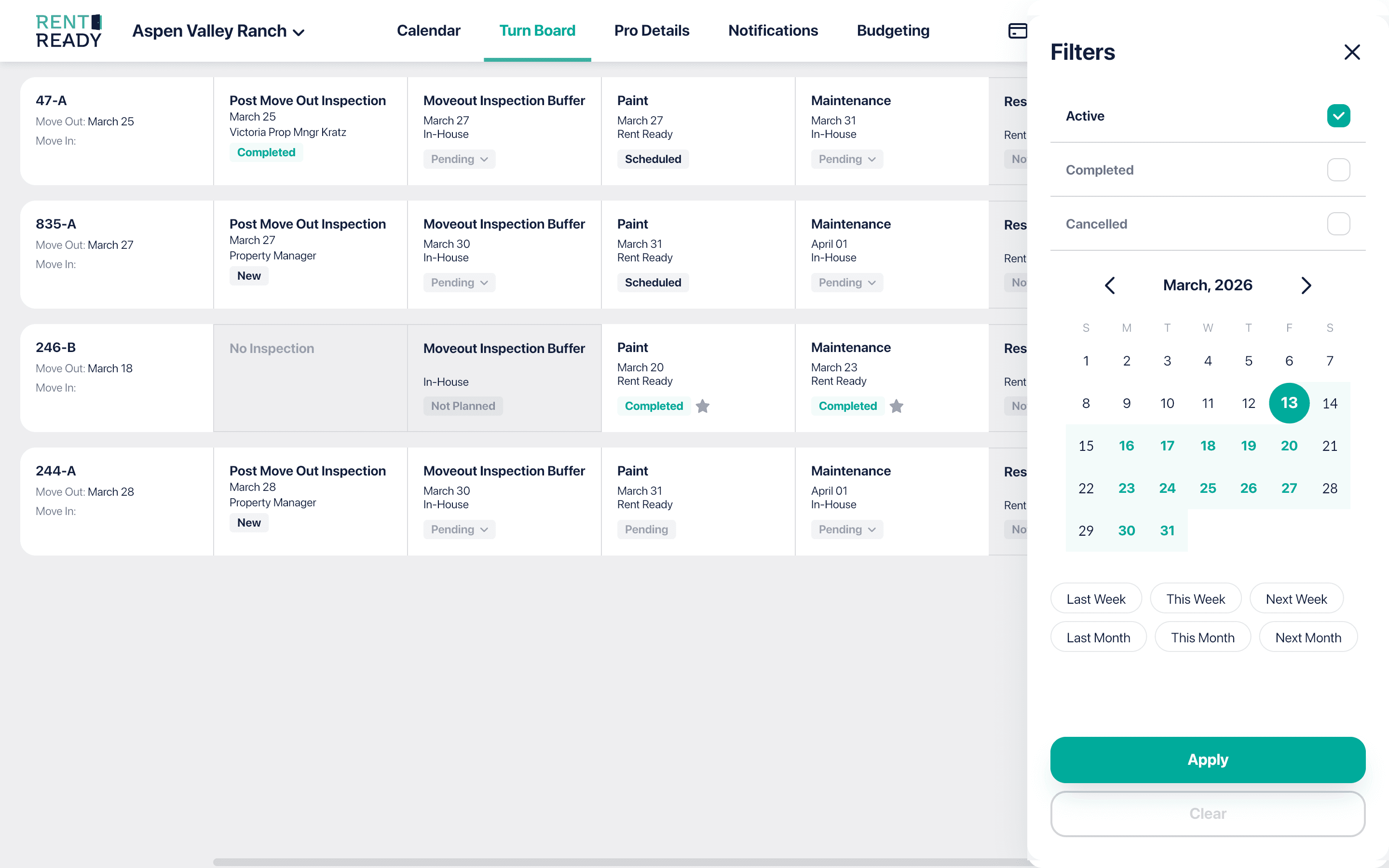 Rent Ready turn board showing active turns by stage