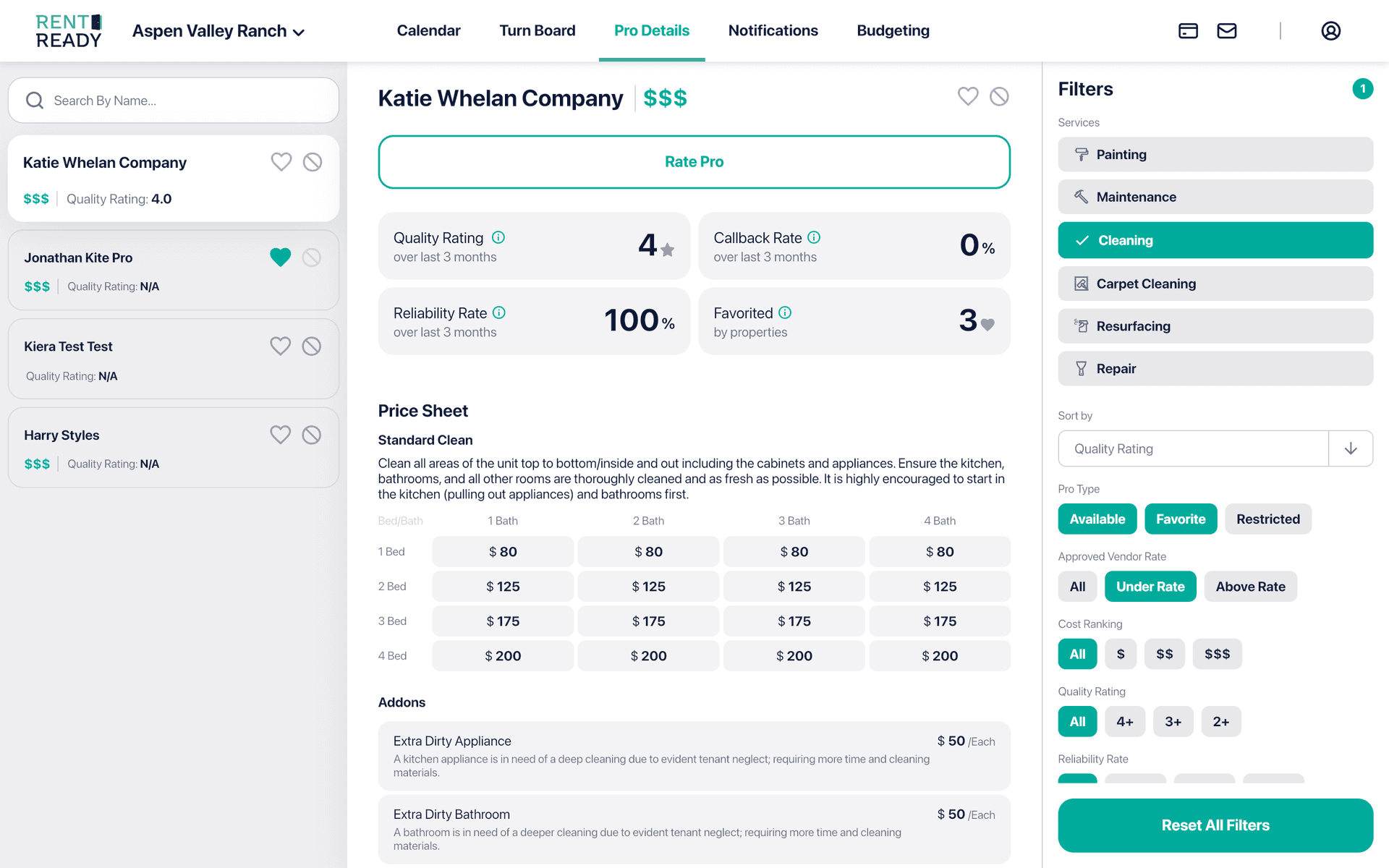 Vendor profile showing quality rating, reliability rate, and price sheets