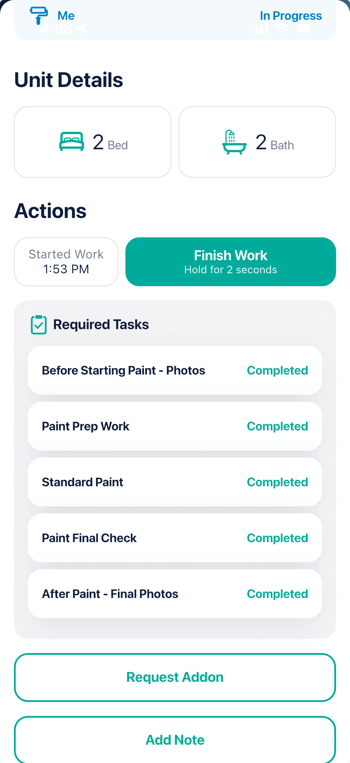 Rent Ready Pro app work completion and finish screen with photo verification