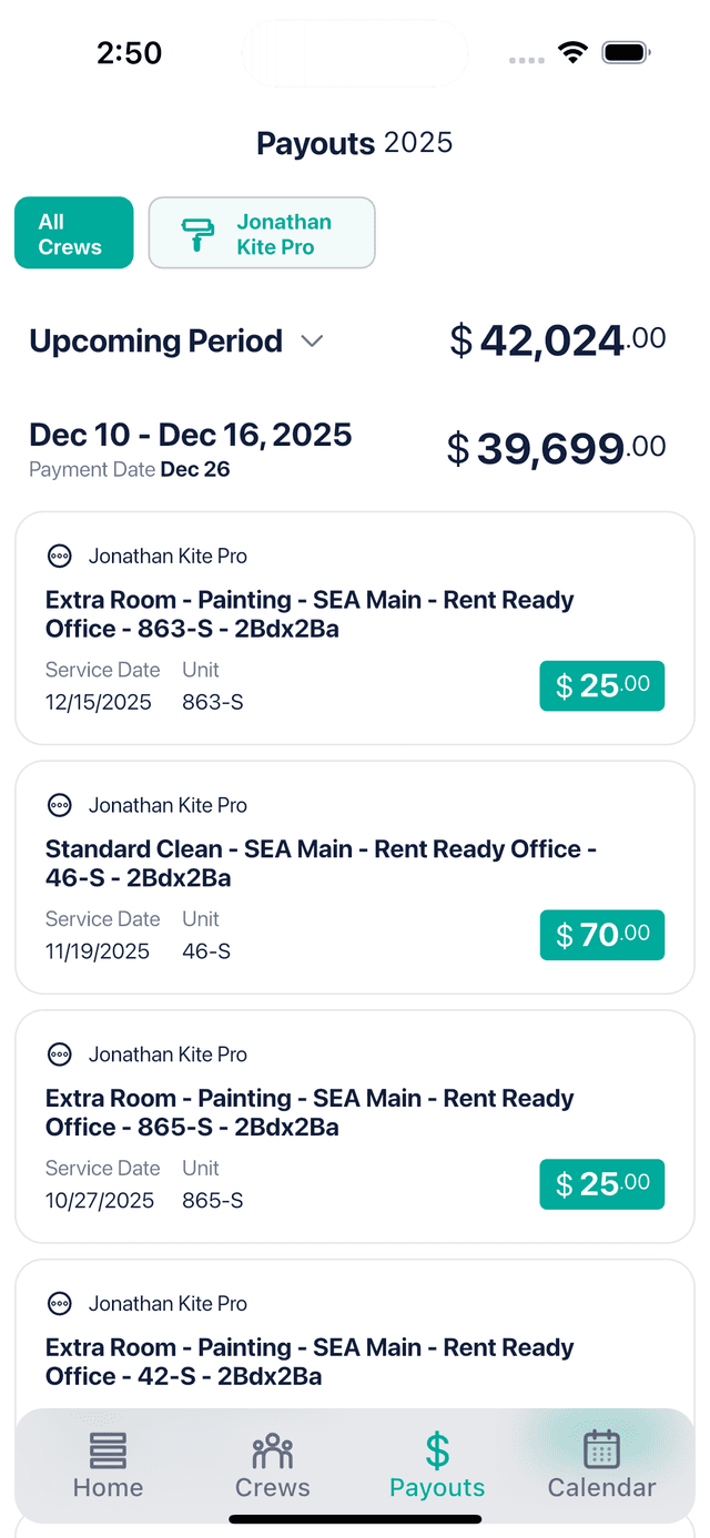 Weekly payments dashboard showing $42K earnings