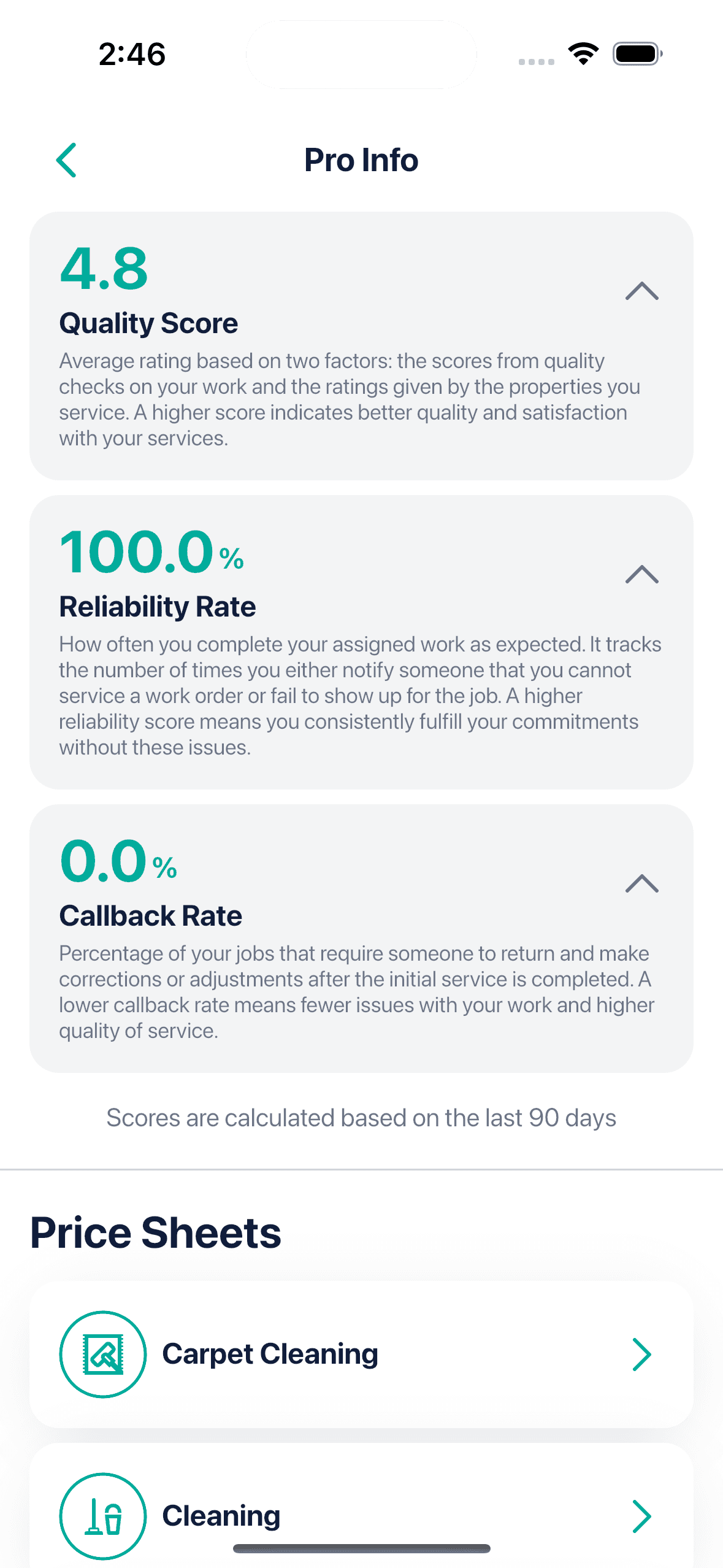 Rent Ready Pro app vendor rating and quality scorecard screen